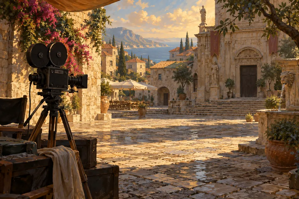 Ilustración ficticia de una cámara de cine en una plaza mediterránea imaginaria, imagen generada con IA