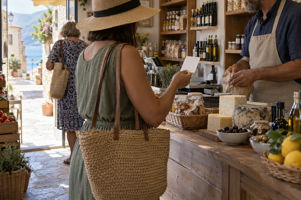 Recreación ficticia de una compra en una tienda mediterránea con un vale sin texto, imagen generada con IA