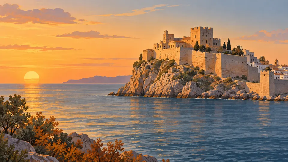 Ilustración imaginaria de un castillo junto al mar al atardecer, imagen generada con IA