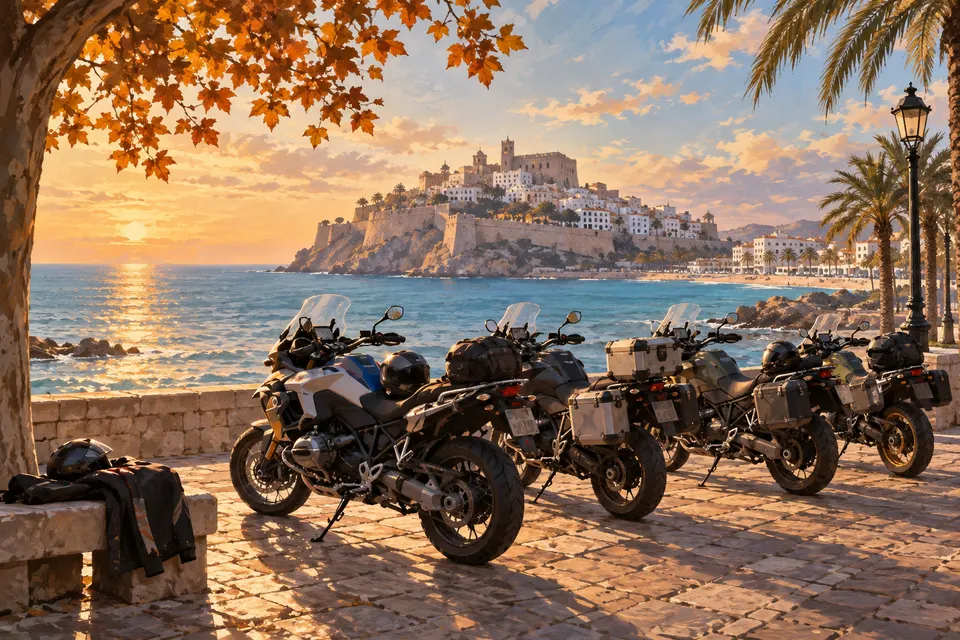 Ilustración conceptual de motocicletas junto al Mediterráneo, imagen generada con IA