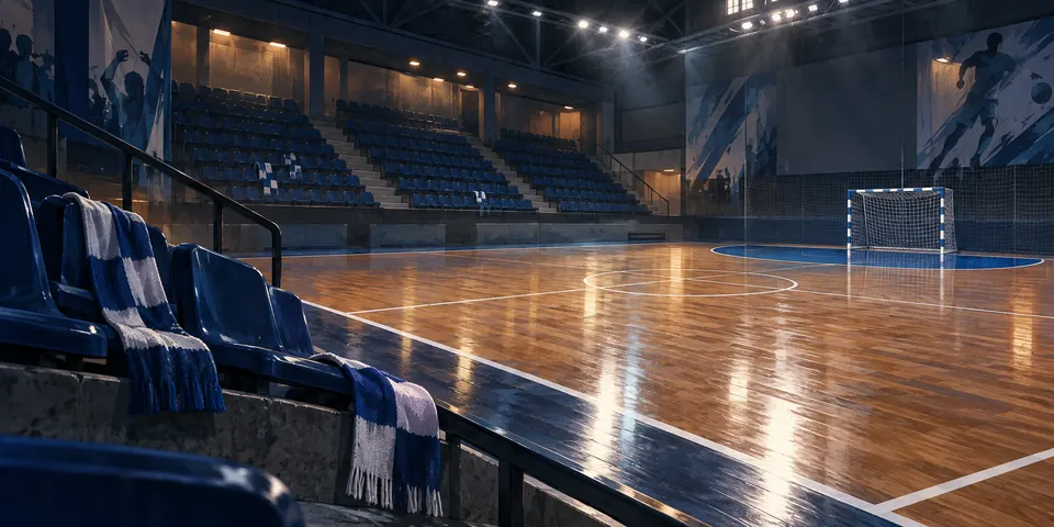 Ilustración conceptual de una pista de fútbol sala vacía, imagen generada con IA
