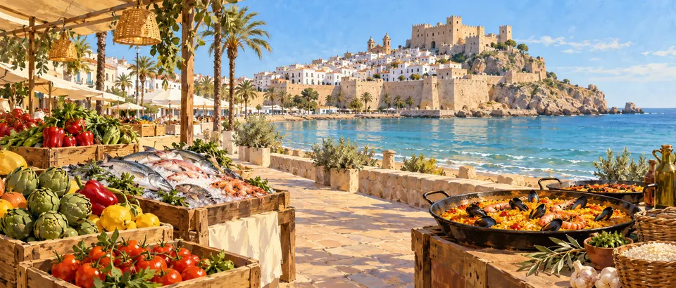 Ilustración conceptual de productos y cocina mediterránea junto al mar de Peñíscola, generada con IA